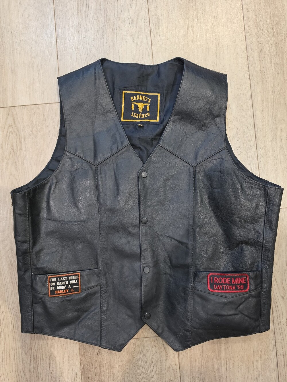 Vintage 1999 Daytona Biker Leather Vest 3XL Motorcycle Harley Patches Black